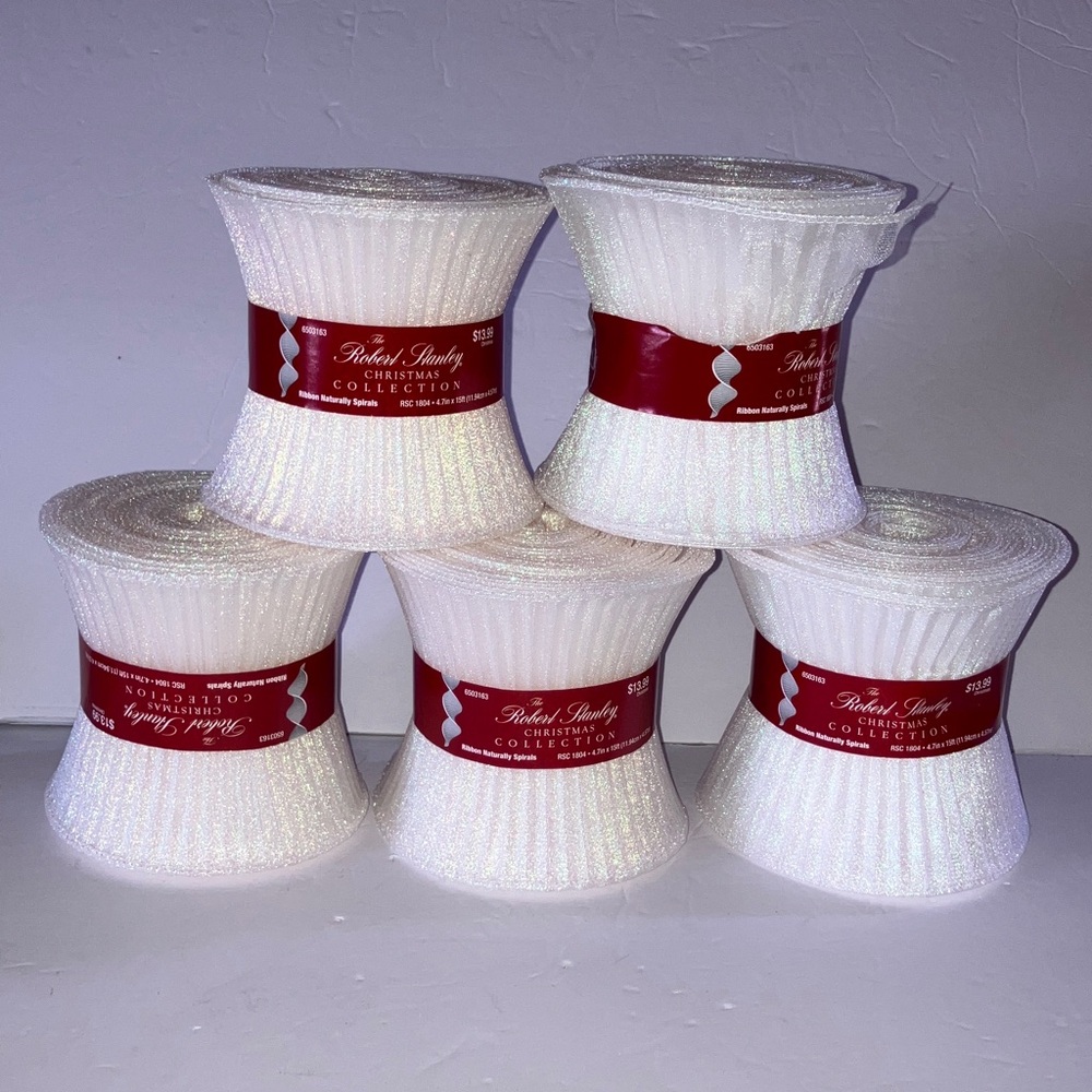 White Iridescent Sparkle Spiral Ribbon Set‎ 5 Rolls 4.7” wide 15’ long each